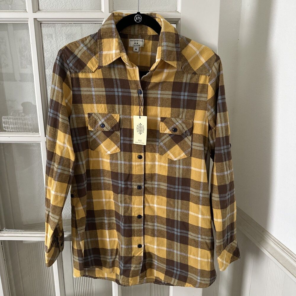 New Matchstick Medium Flannel Shirt Yellow Plaid Button Up